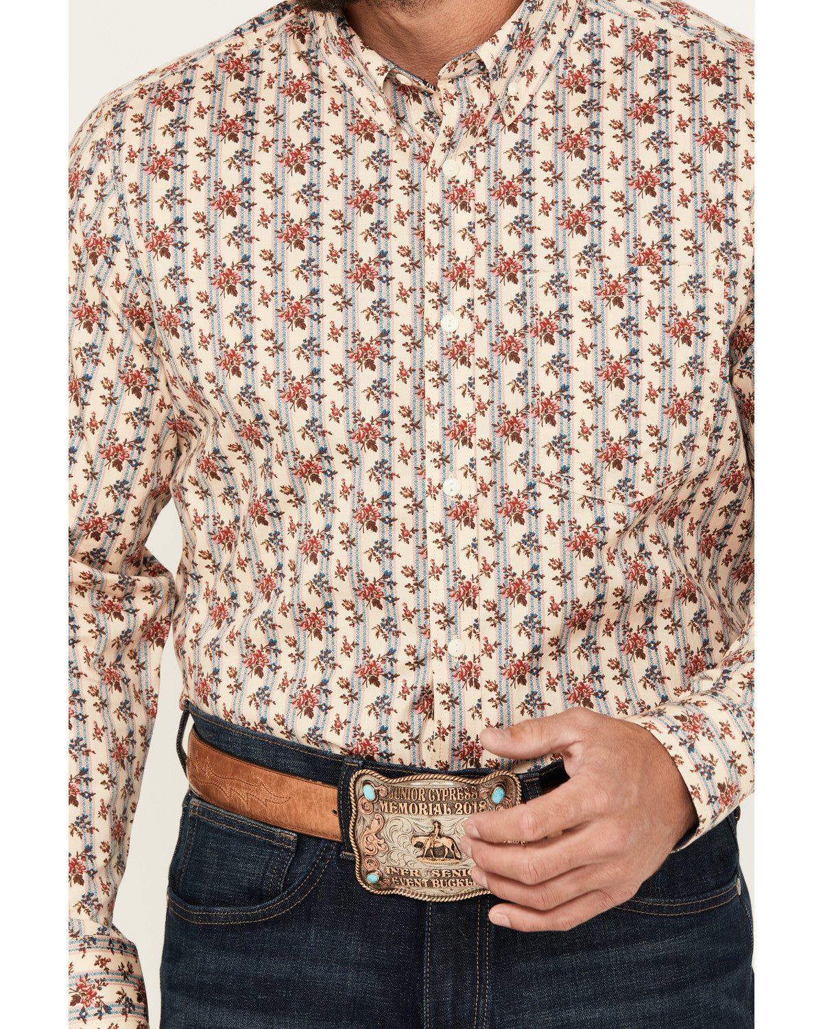 Men's Kenton Floral Striped Long Sleeve Button-Down Stretch Cream