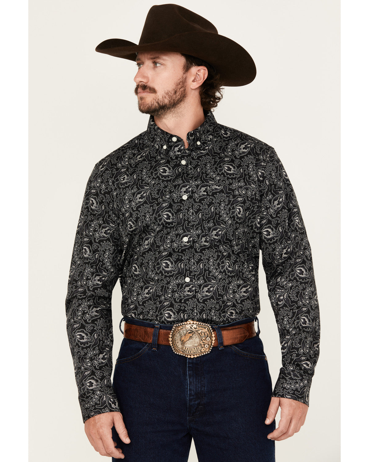 Men's Parker Paisley Print Long Sleeve Button-Down Stretch Black