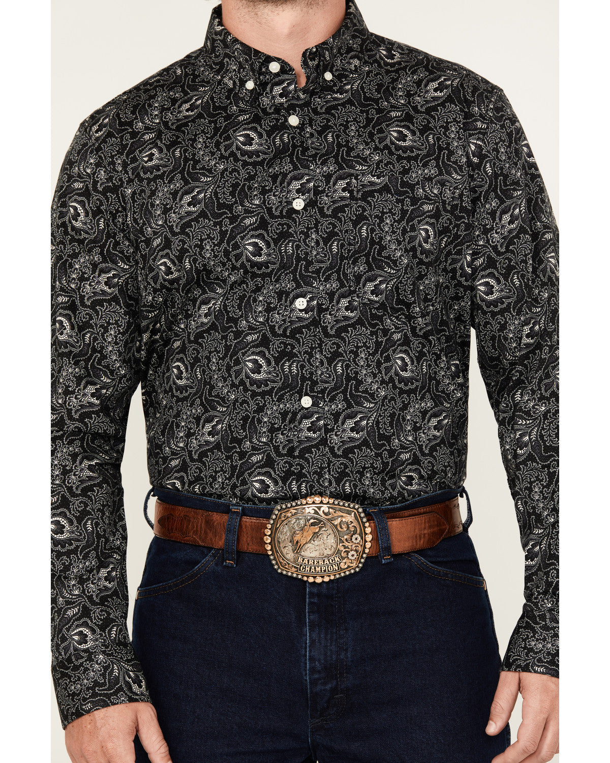Men's Parker Paisley Print Long Sleeve Button-Down Stretch Black