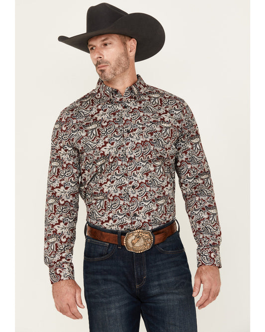 Men's Max Paisley Print Long Sleeve Button-Down Stretch Wes Burgundy