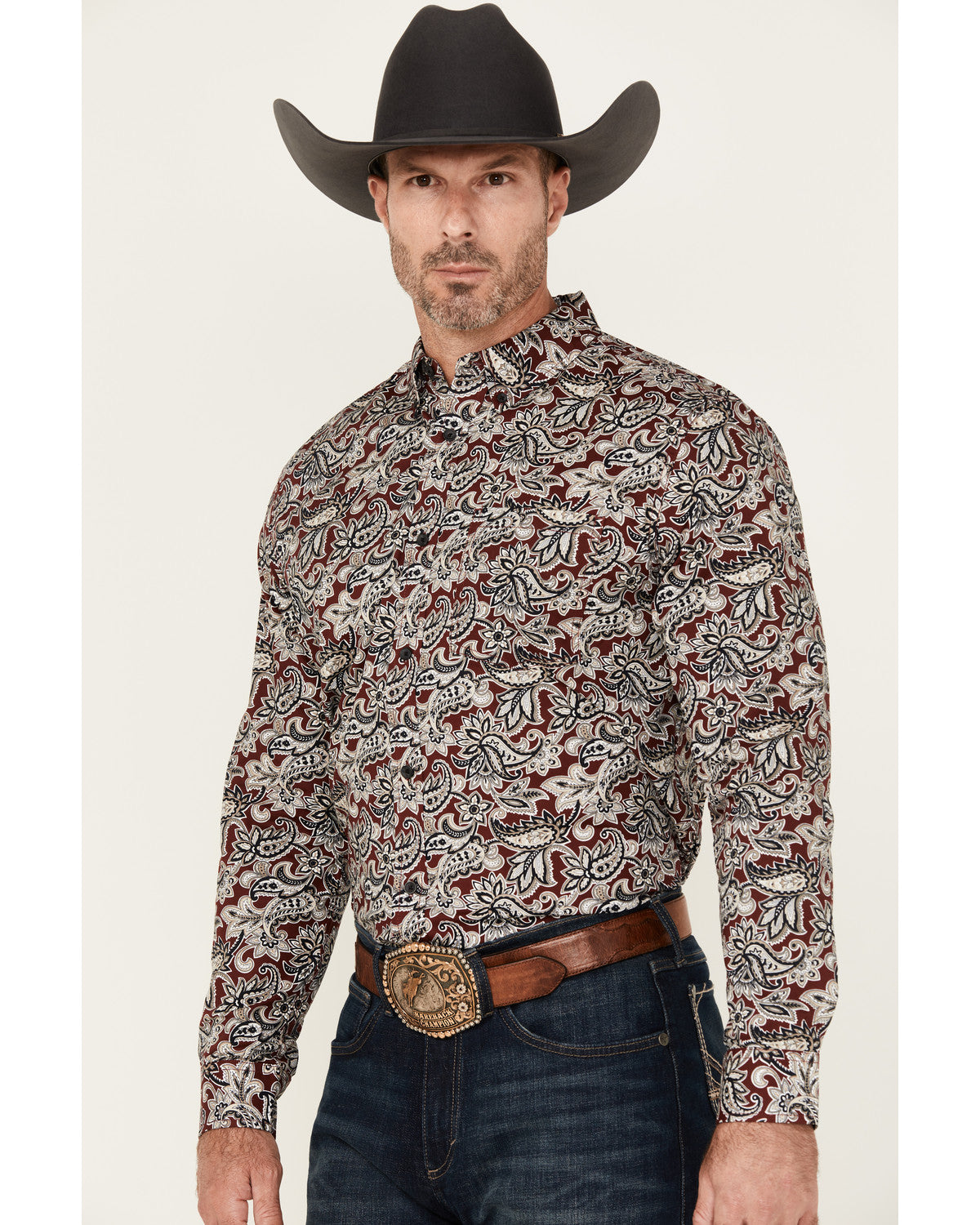 Men's Max Paisley Print Long Sleeve Button-Down Stretch Wes Burgundy