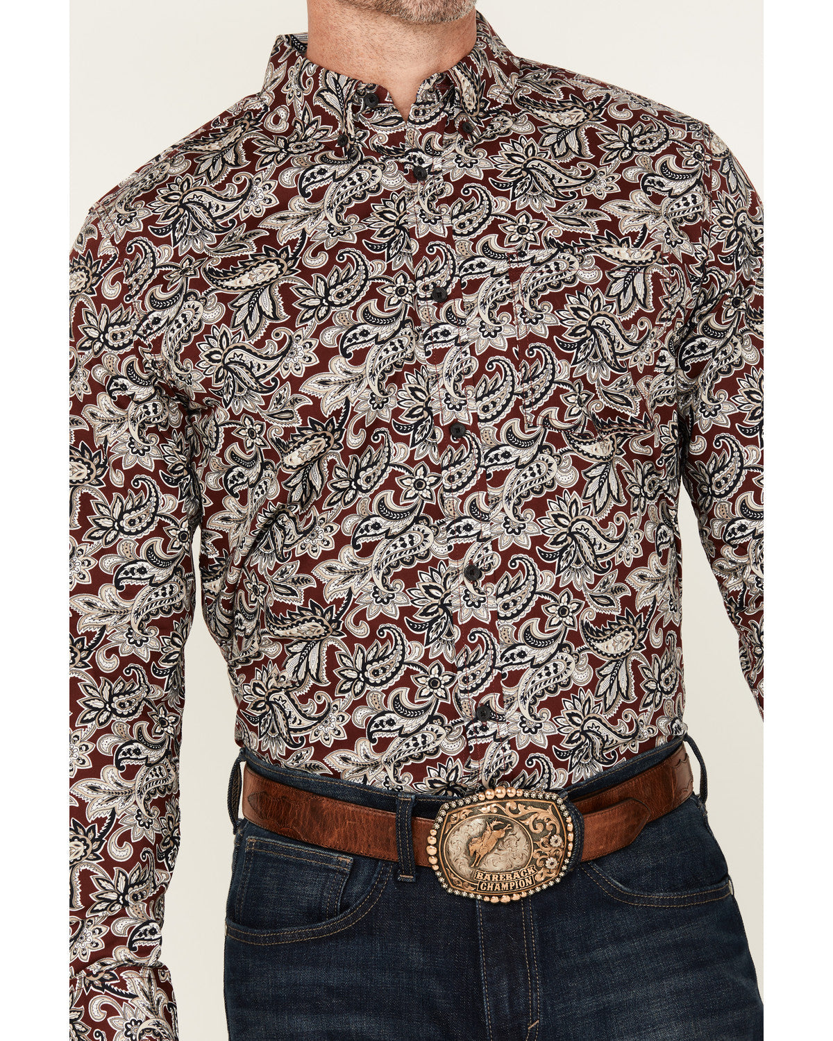 Men's Max Paisley Print Long Sleeve Button-Down Stretch Wes Burgundy