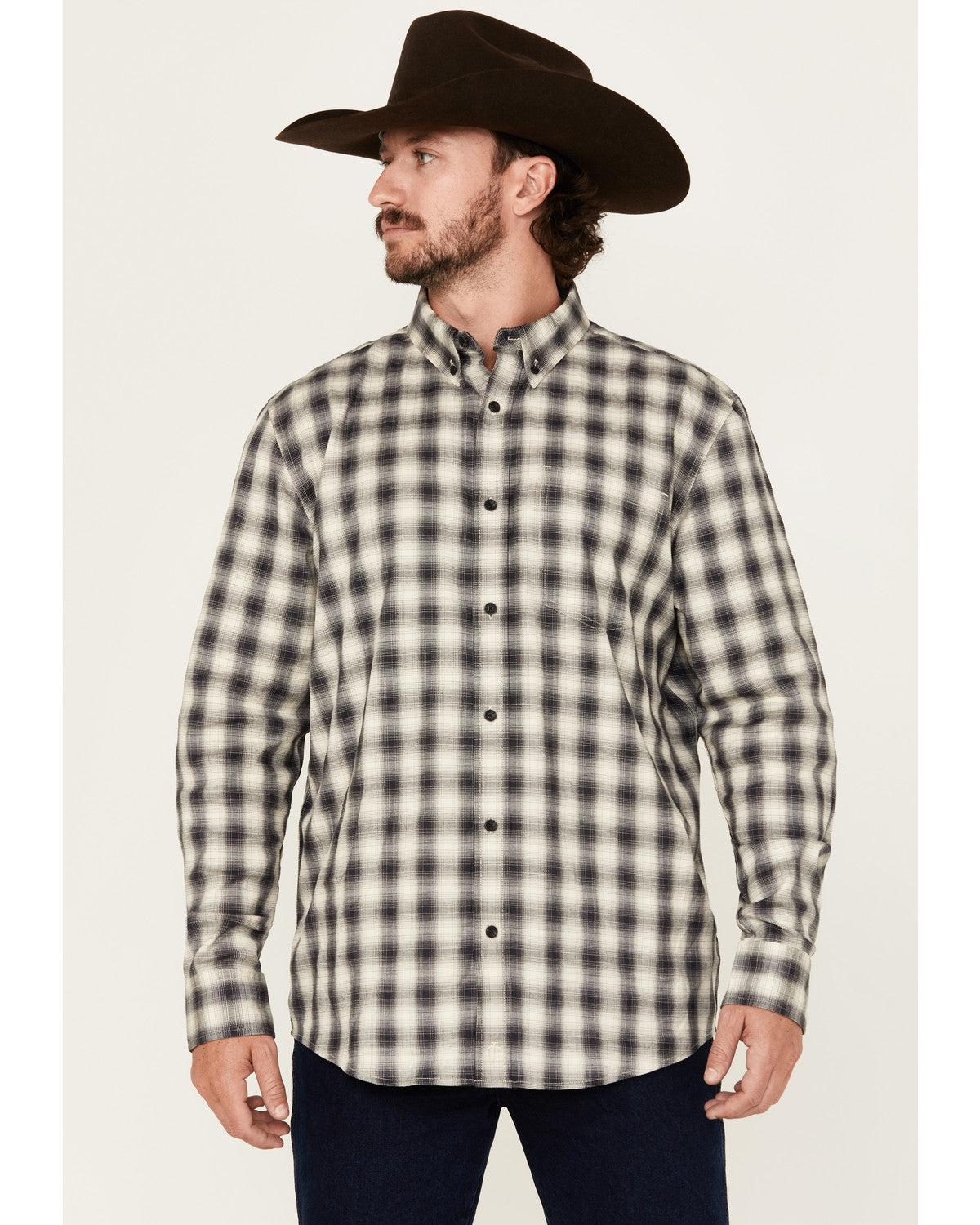 Men's Palamino Plaid Print Long Sleeve Button-Down Stretch Black