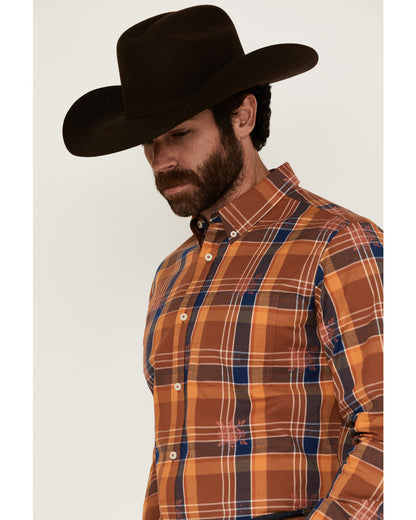 Men's Dobby Plaid Print Long Sleeve Button-Down Stretch Wes Blue