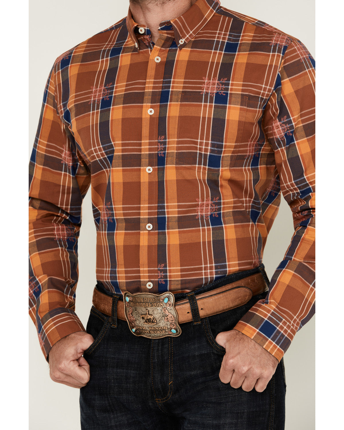 Men's Dobby Plaid Print Long Sleeve Button-Down Stretch Wes Blue