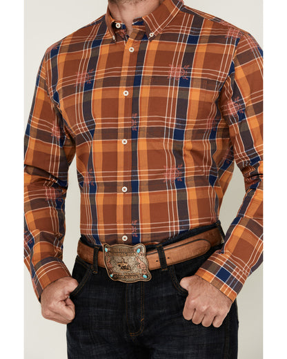 Men's Dobby Plaid Print Long Sleeve Button-Down Stretch Wes Blue