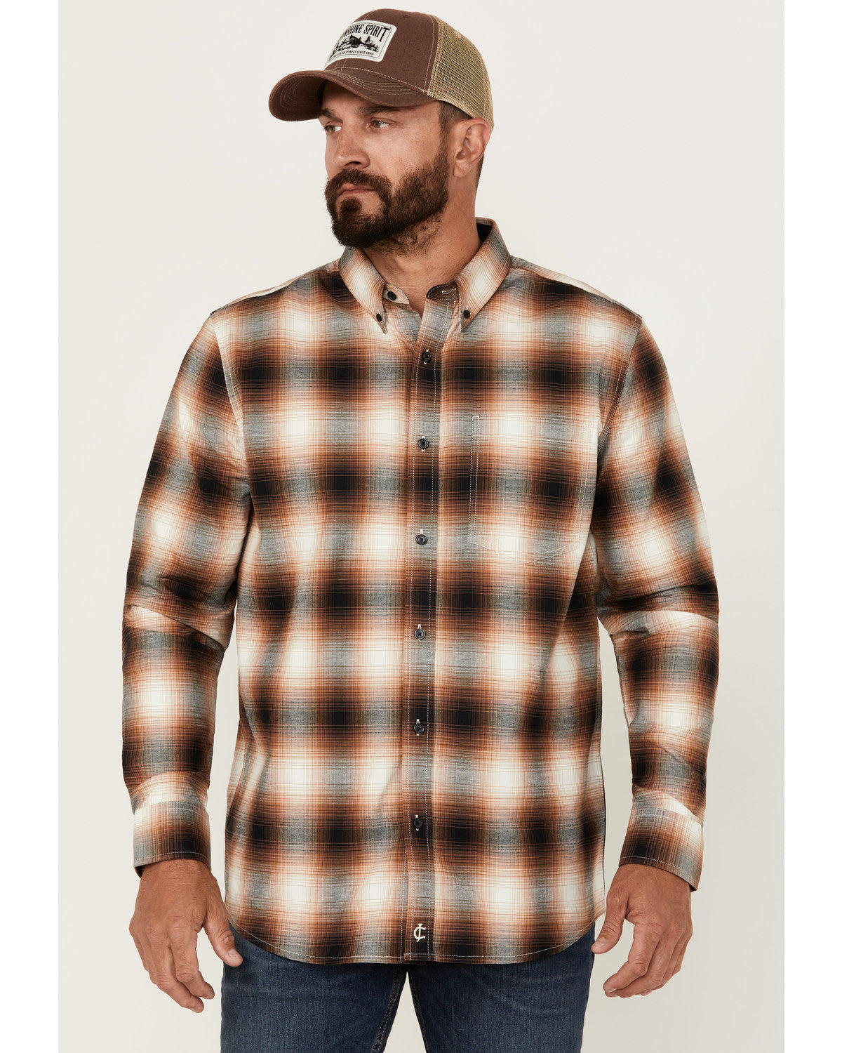 Men's Hombre Plaid Print Long Sleeve Button-Down Stretch We Tan