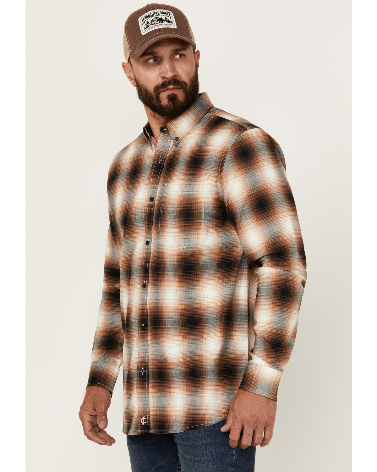 Men's Hombre Plaid Print Long Sleeve Button-Down Stretch We Tan