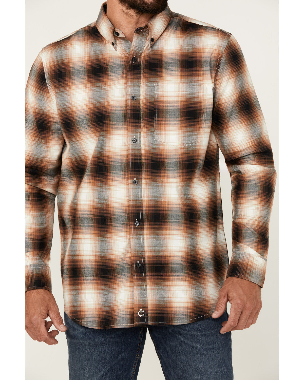 Men's Hombre Plaid Print Long Sleeve Button-Down Stretch We Tan