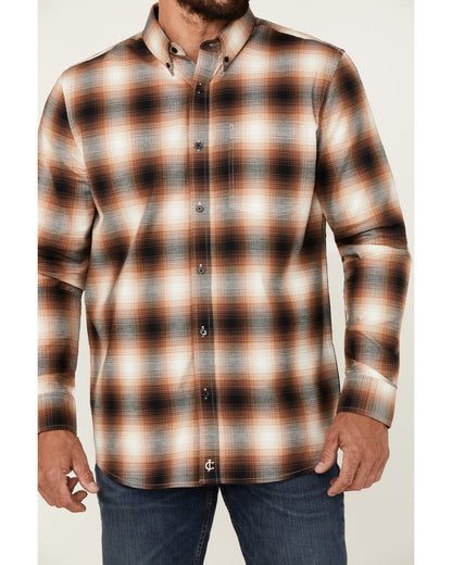 Men's Hombre Plaid Print Long Sleeve Button-Down Stretch We Tan