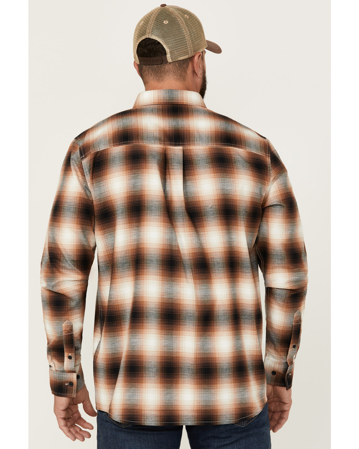 Men's Hombre Plaid Print Long Sleeve Button-Down Stretch We Tan
