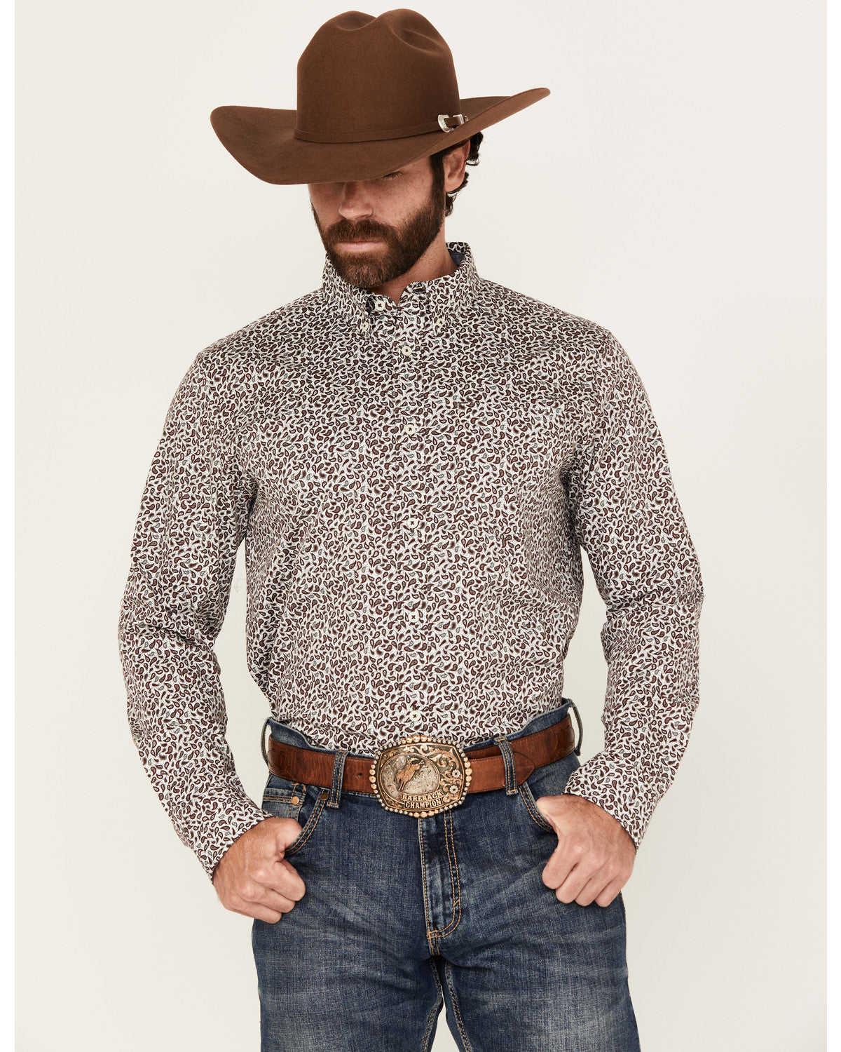 Men's Country Paisley Print Long Sleeve Button-Down Stretch White
