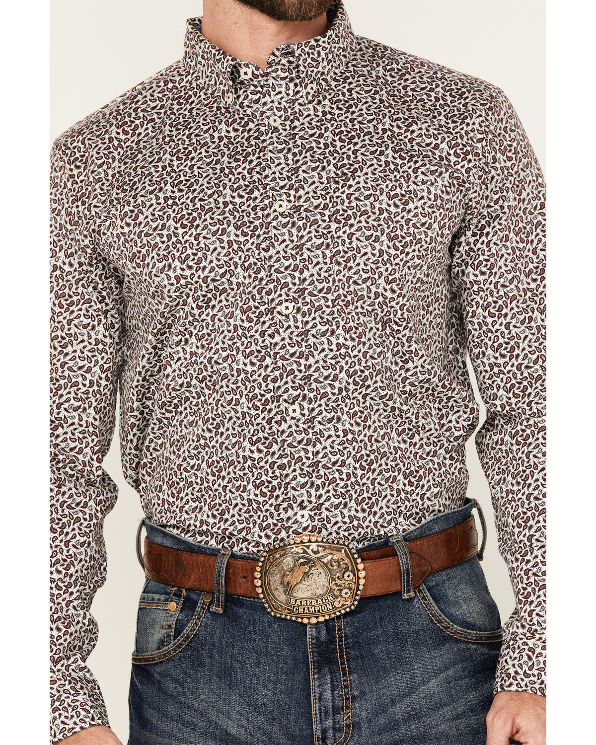 Men's Country Paisley Print Long Sleeve Button-Down Stretch White