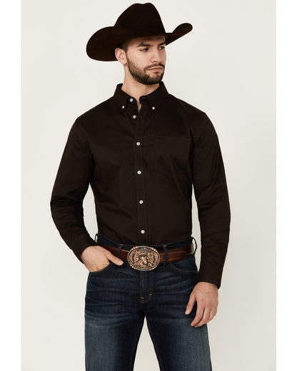 Men's Basic Solid Long Sleeve Button-Down Stretch Western S Brown