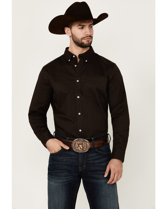 Men's Basic Solid Long Sleeve Button-Down Stretch Western S Brown