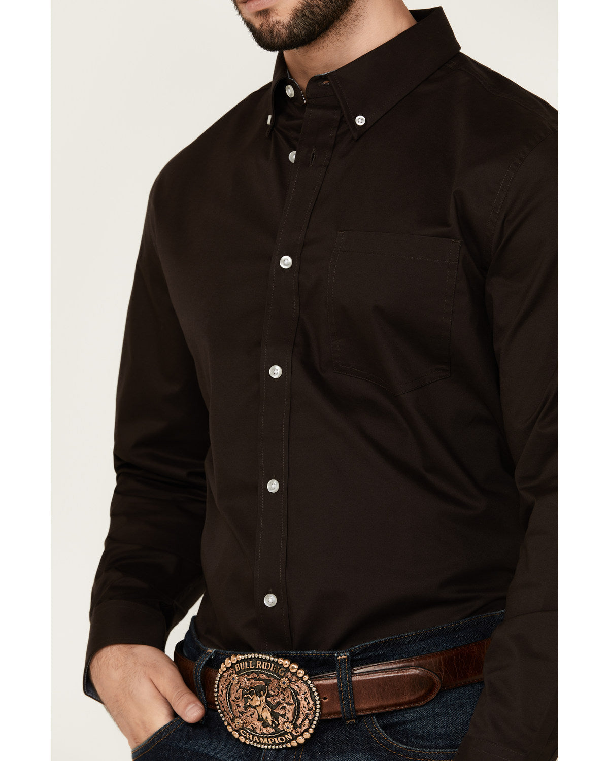 Men's Basic Solid Long Sleeve Button-Down Stretch Western S Brown
