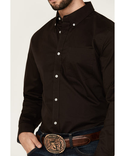 Men's Basic Solid Long Sleeve Button-Down Stretch Western S Brown