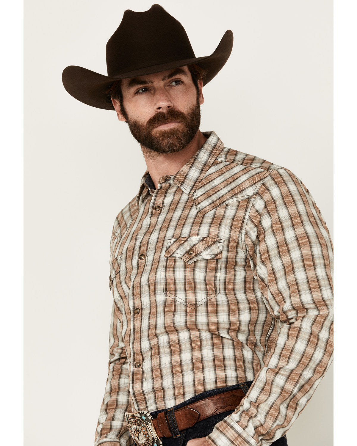 Men's Last Hurdle Plaid Print Long Sleeve Button-Down Stret Ivory
