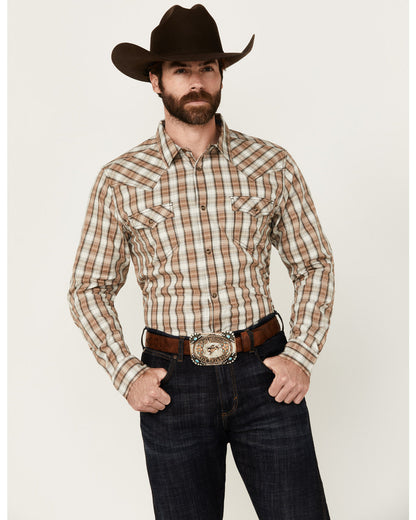 Men's Last Hurdle Plaid Print Long Sleeve Button-Down Stret Ivory
