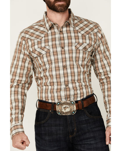 Men's Last Hurdle Plaid Print Long Sleeve Button-Down Stret Ivory