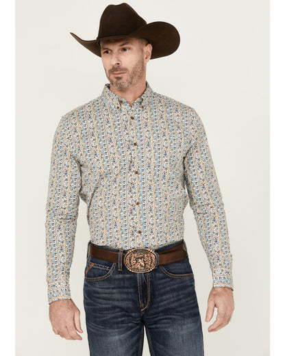 Men's Wells Floral Striped Print Long Sleeve Button-Down St Gold