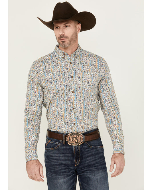 Men's Wells Floral Striped Print Long Sleeve Button-Down St Gold