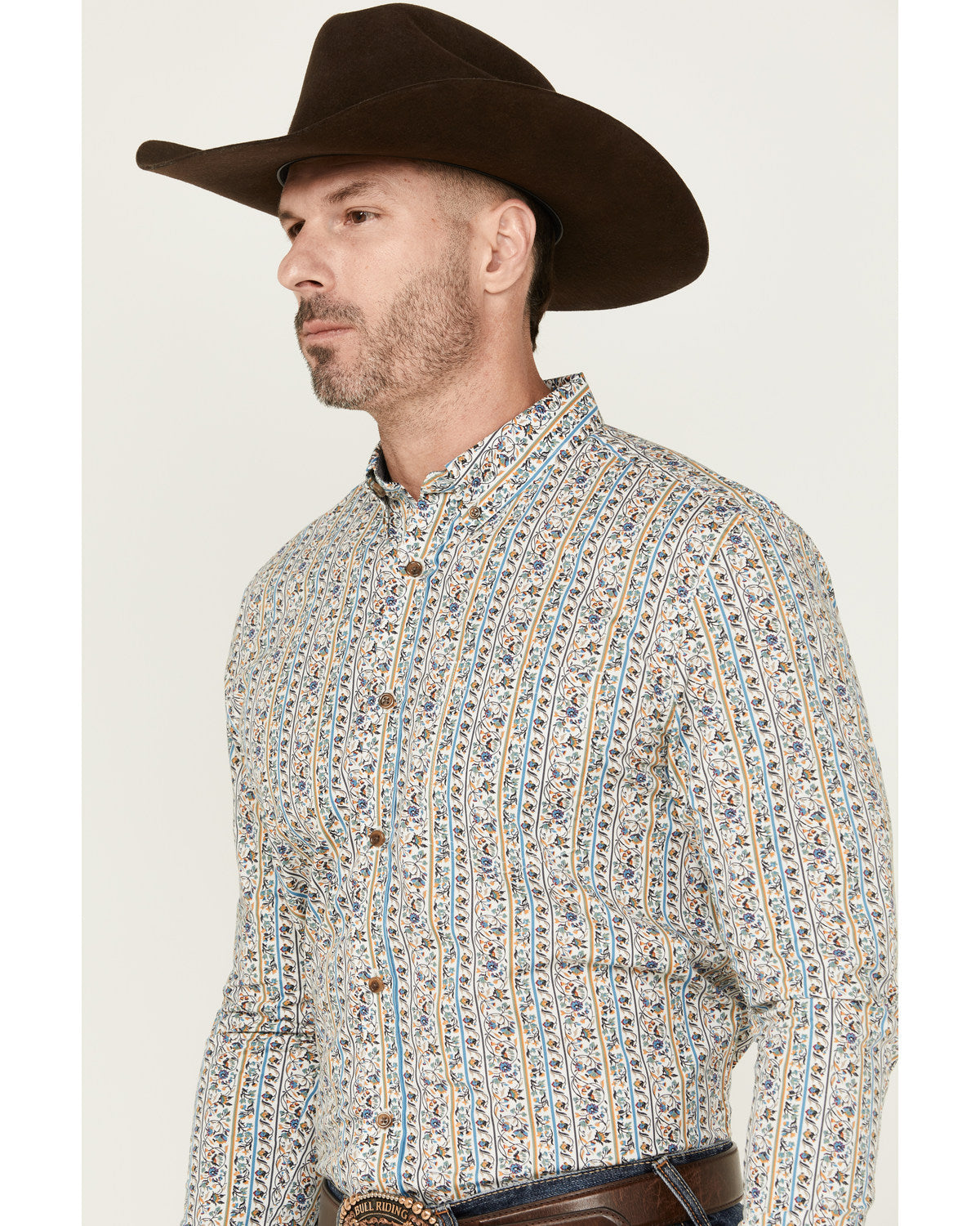 Men's Wells Floral Striped Print Long Sleeve Button-Down St Gold