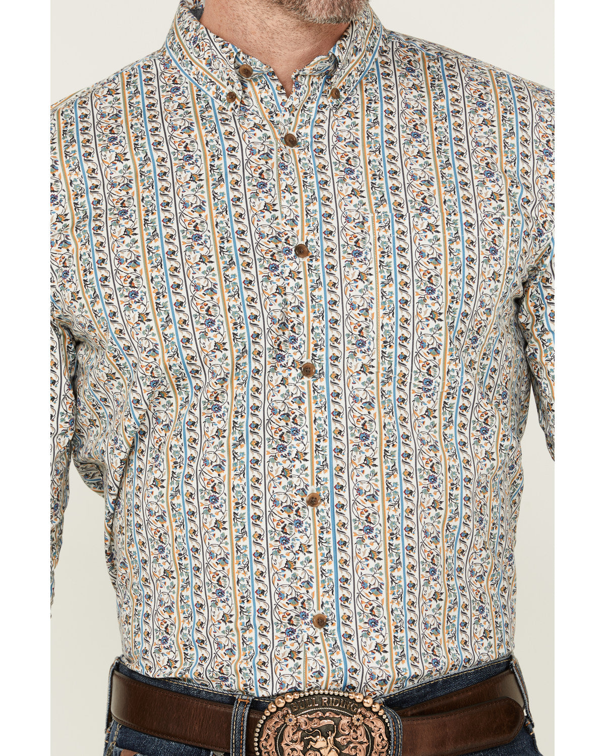 Men's Wells Floral Striped Print Long Sleeve Button-Down St Gold