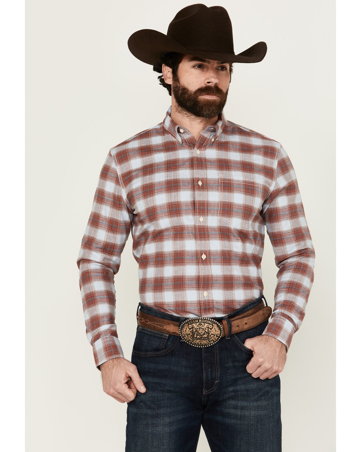 Men's Rush Plaid Print Long Sleeve Button-Down Stretch West Ivory