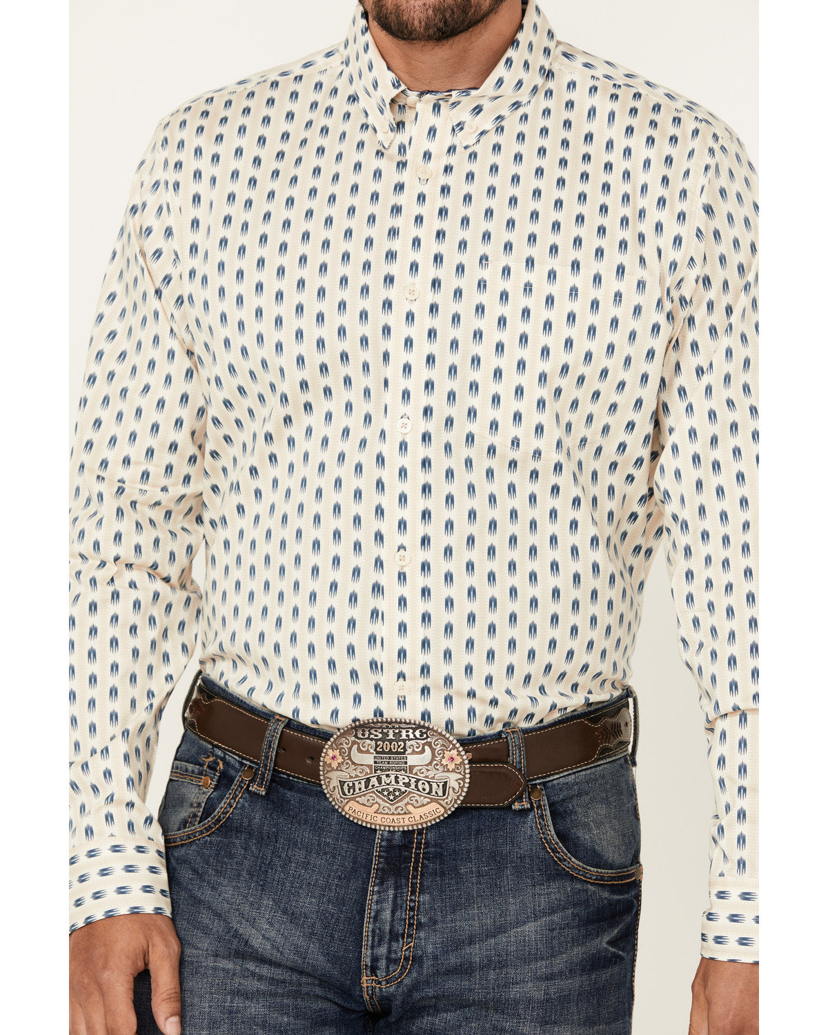 Men's Gunsmoke Striped Print Long Sleeve Button-Down Stretc Ivory