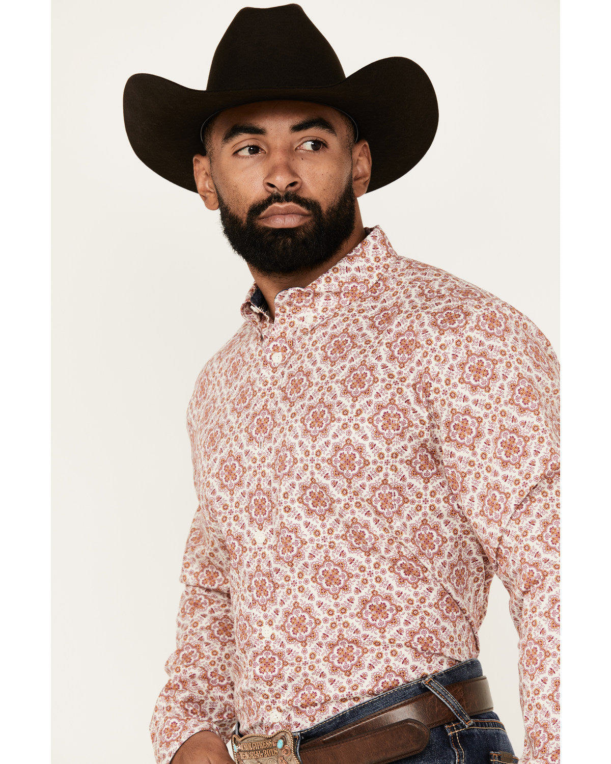 Men's Lucky One Medallion Print Long Sleeve Button-Down Str Burgundy