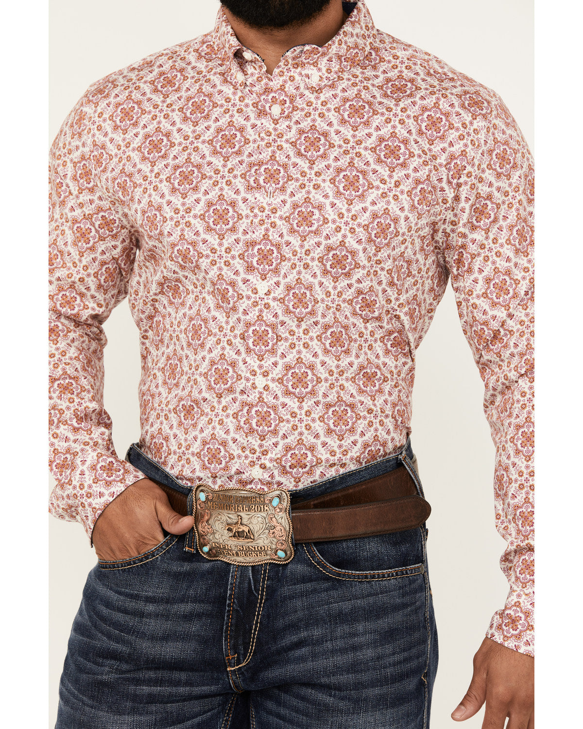 Men's Lucky One Medallion Print Long Sleeve Button-Down Str Burgundy
