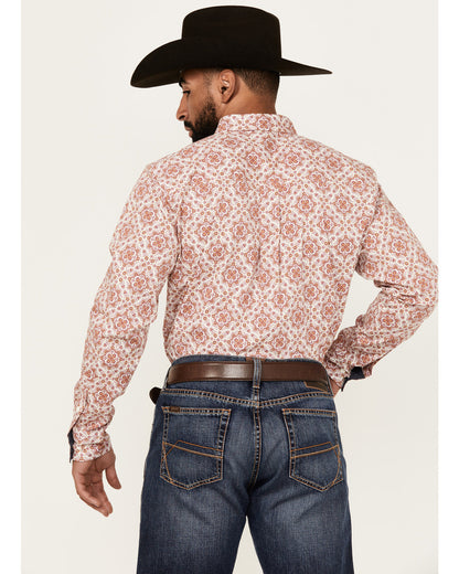 Men's Lucky One Medallion Print Long Sleeve Button-Down Str Burgundy