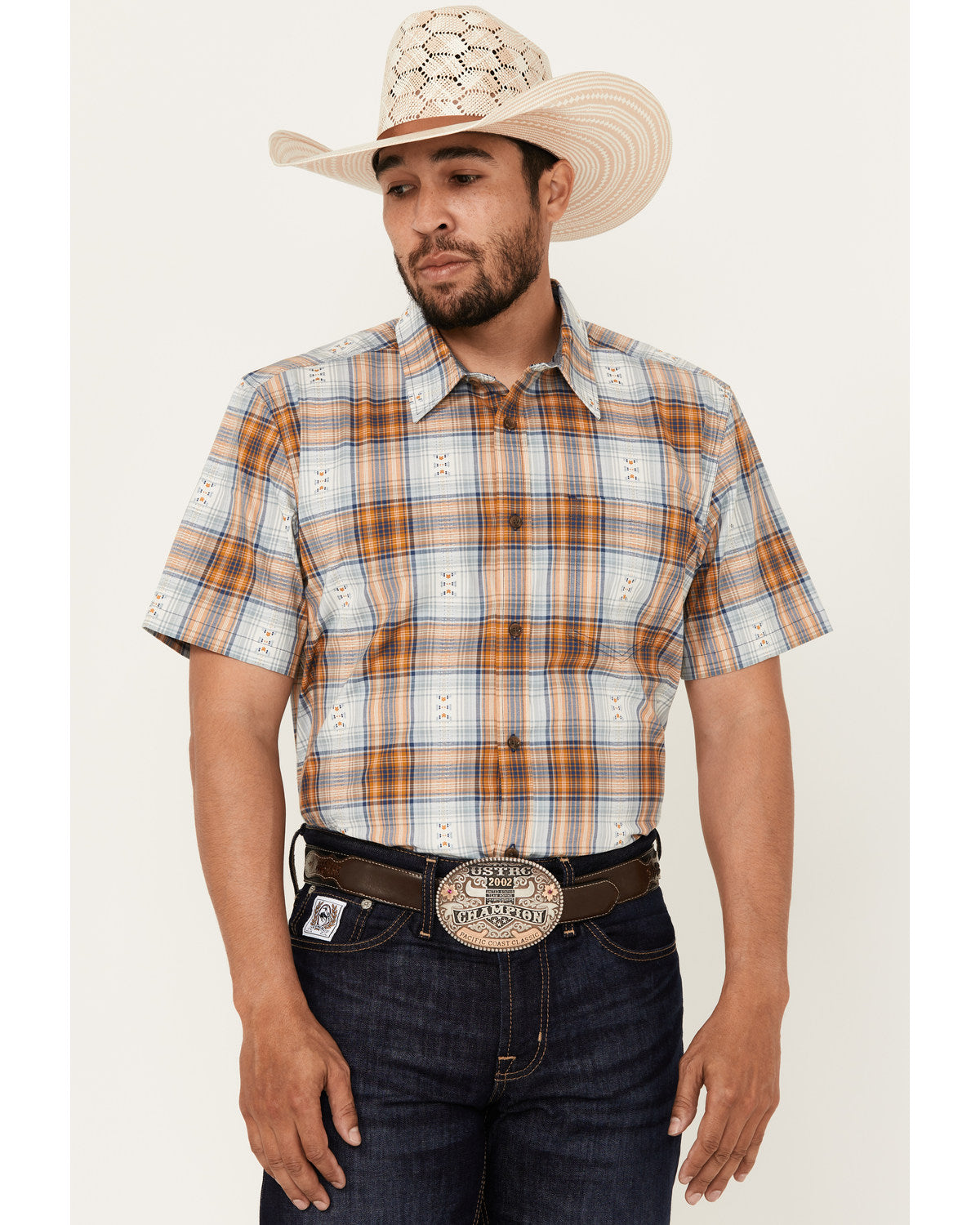Men's Spur Dobby Plaid Print Short Sleeve Button-Down Stret Ivory