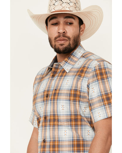 Men's Spur Dobby Plaid Print Short Sleeve Button-Down Stret Ivory