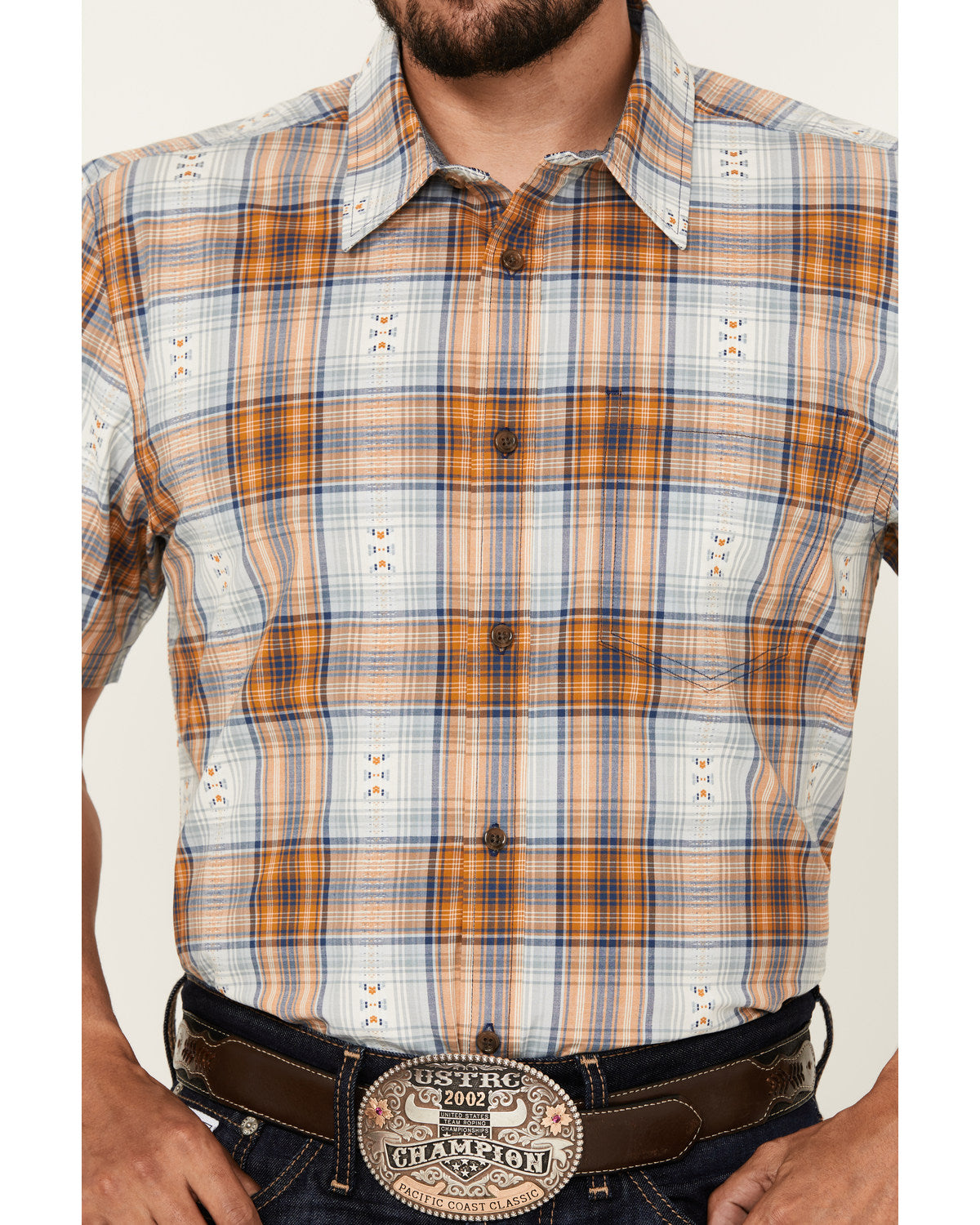 Men's Spur Dobby Plaid Print Short Sleeve Button-Down Stret Ivory