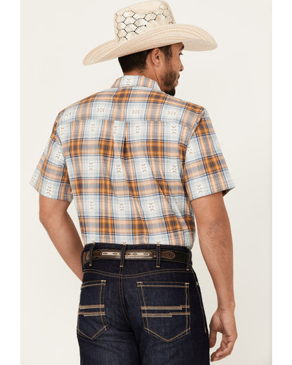 Men's Spur Dobby Plaid Print Short Sleeve Button-Down Stret Ivory