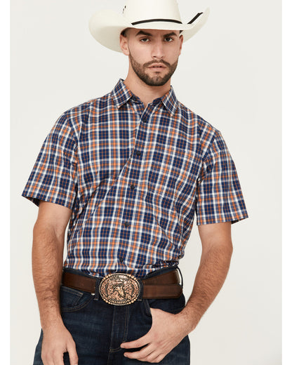 Men's Tequila Sunrise Plaid Print Short Sleeve Button-Down Navy