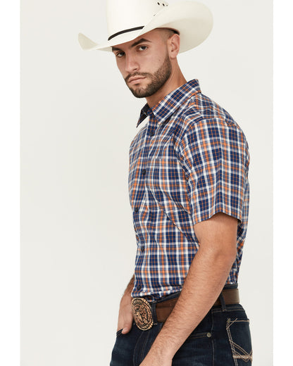 Men's Tequila Sunrise Plaid Print Short Sleeve Button-Down Navy