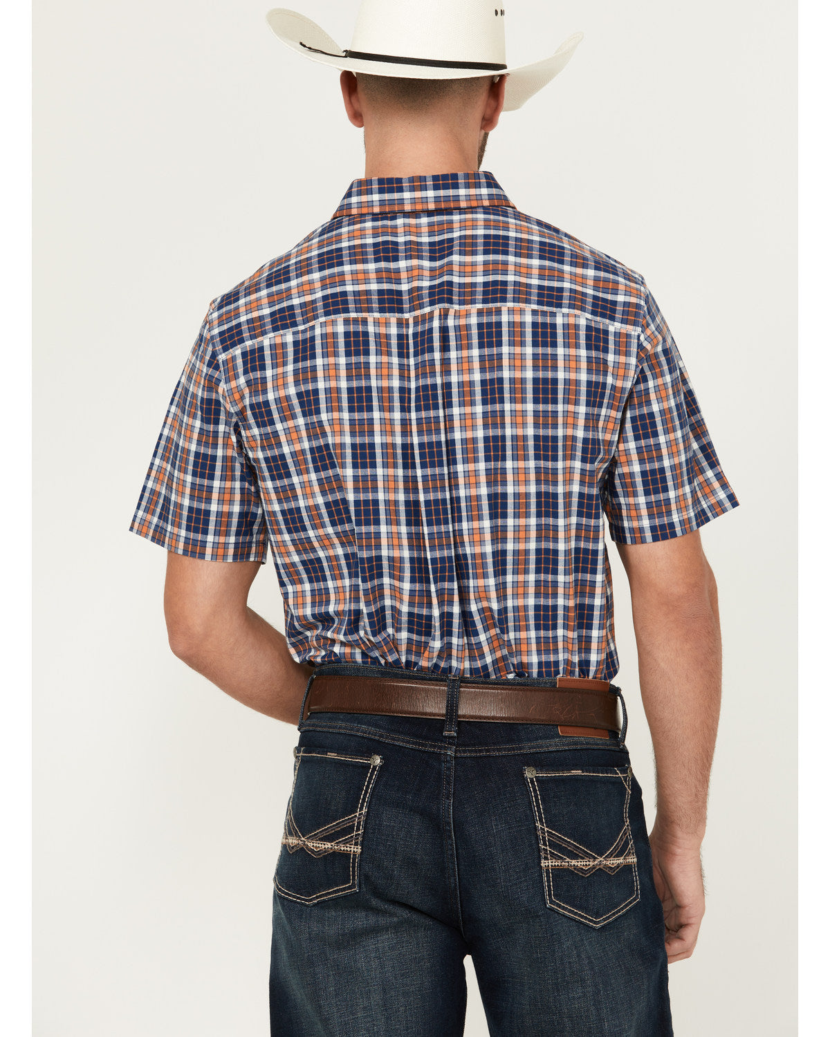 Men's Tequila Sunrise Plaid Print Short Sleeve Button-Down Navy