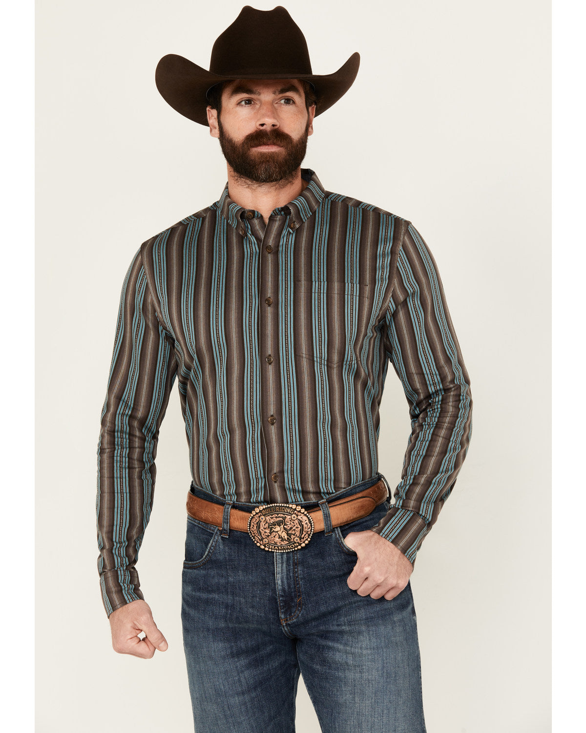 Men's Boa Dobby Striped Print Long Sleeve Button-Down Stret Black