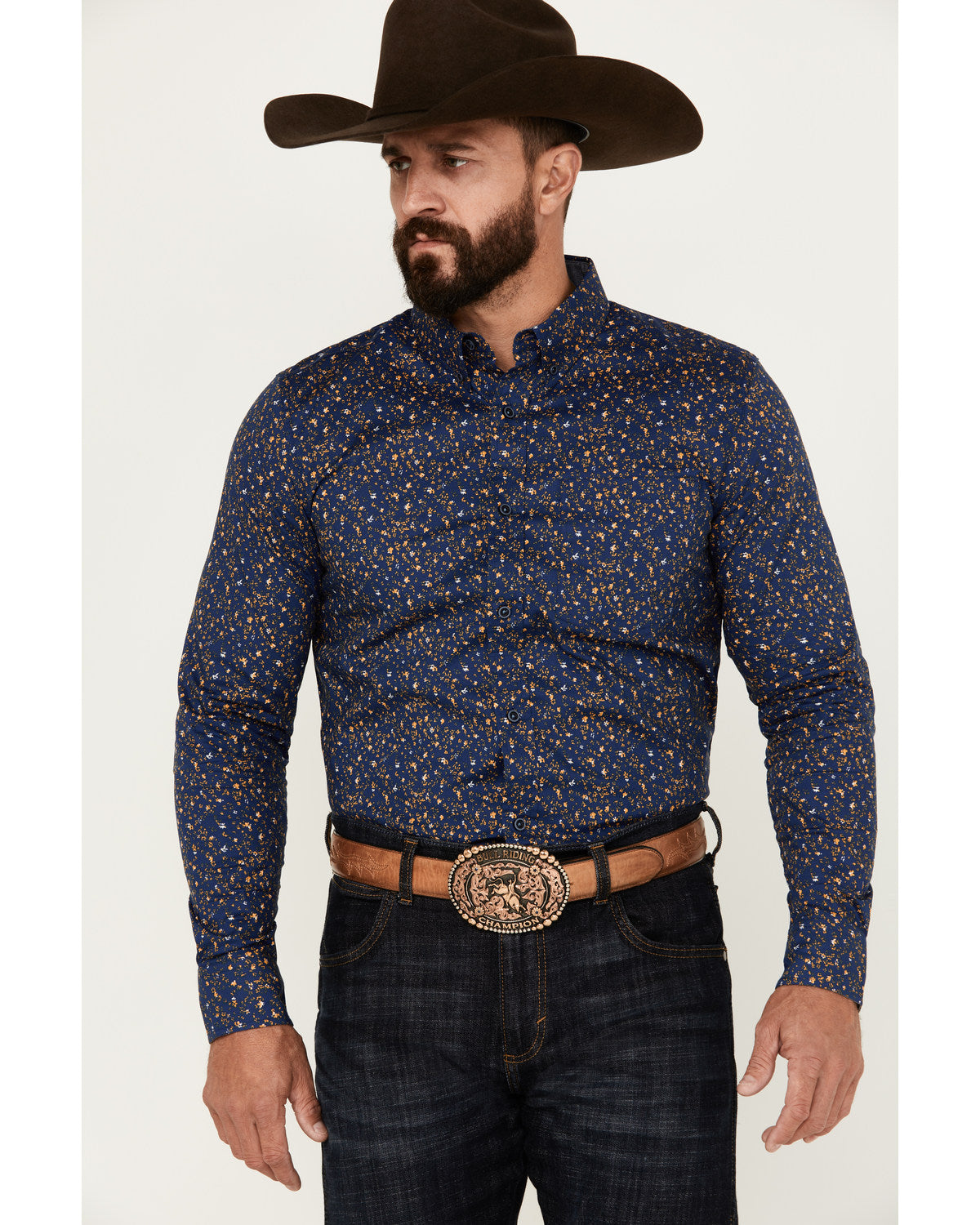 Men's Meadowlark Floral Print Long Sleeve Button-Down Stret Navy
