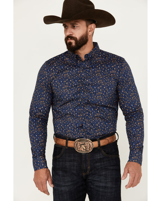 Men's Meadowlark Floral Print Long Sleeve Button-Down Stret Navy
