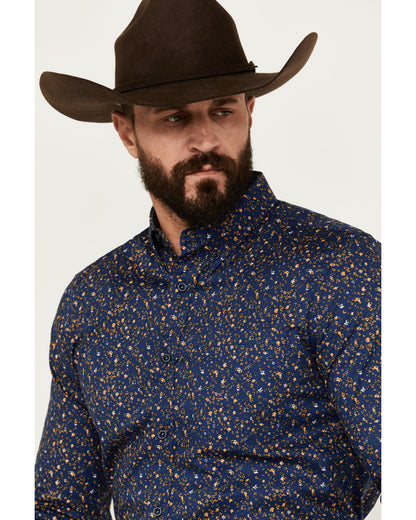 Men's Meadowlark Floral Print Long Sleeve Button-Down Stret Navy