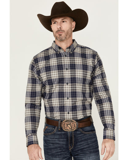 Men's Howdy Plaid Print Long Sleeve Button-Down Stretch Wes Navy
