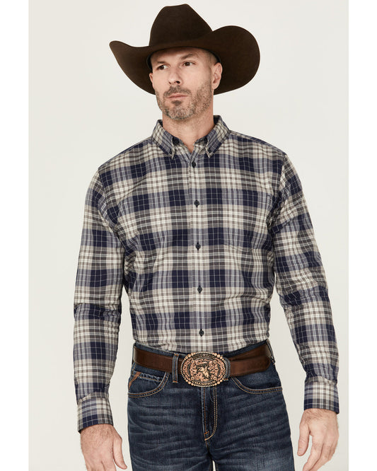 Men's Howdy Plaid Print Long Sleeve Button-Down Stretch Wes Navy