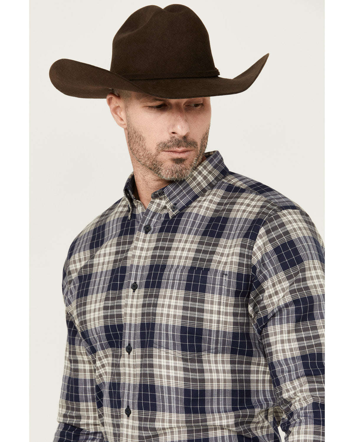 Men's Howdy Plaid Print Long Sleeve Button-Down Stretch Wes Navy