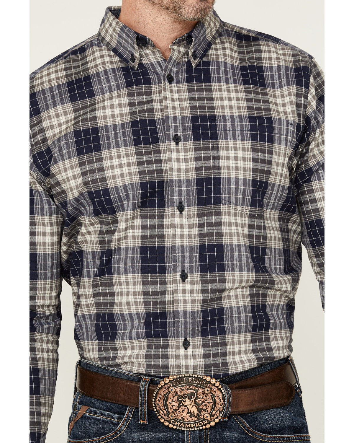 Men's Howdy Plaid Print Long Sleeve Button-Down Stretch Wes Navy