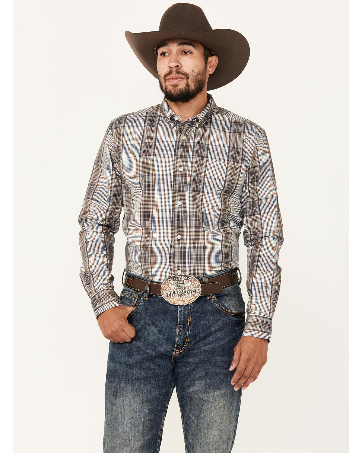 Men's Fiesta Plaid Print Long Sleeve Button-Down Western Sh White