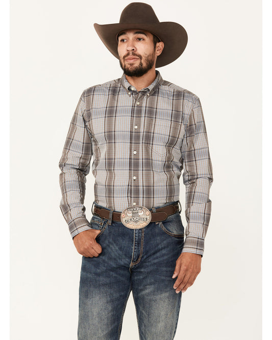 Men's Fiesta Plaid Print Long Sleeve Button-Down Western Sh White